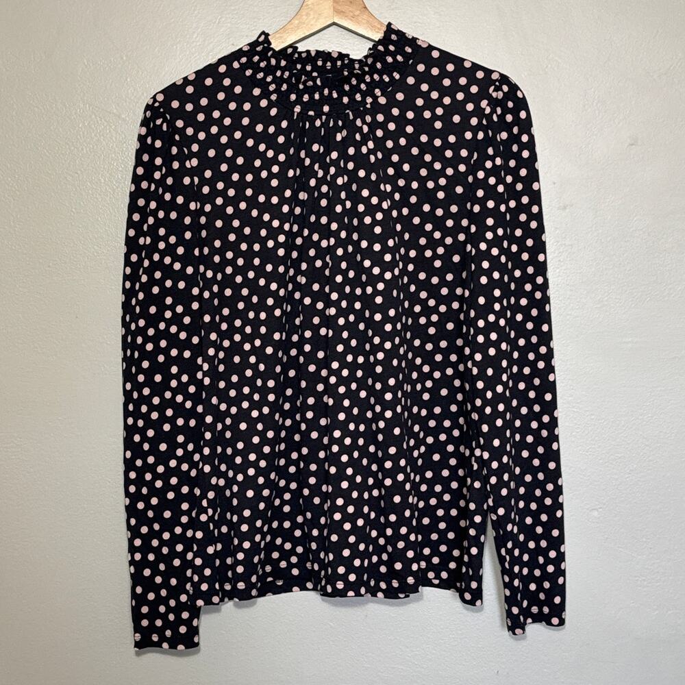 NWT Women's Size 14 Boden Navy & Pink Polka Dot Mock Neck Long Sleeve Blouse